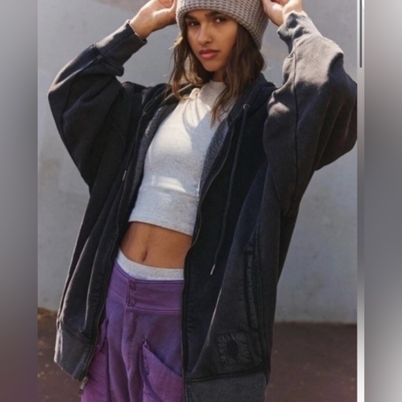 FP Movement by Free People Tops - FP Movement by Free People Oversized Black Washed Zip Hoodie